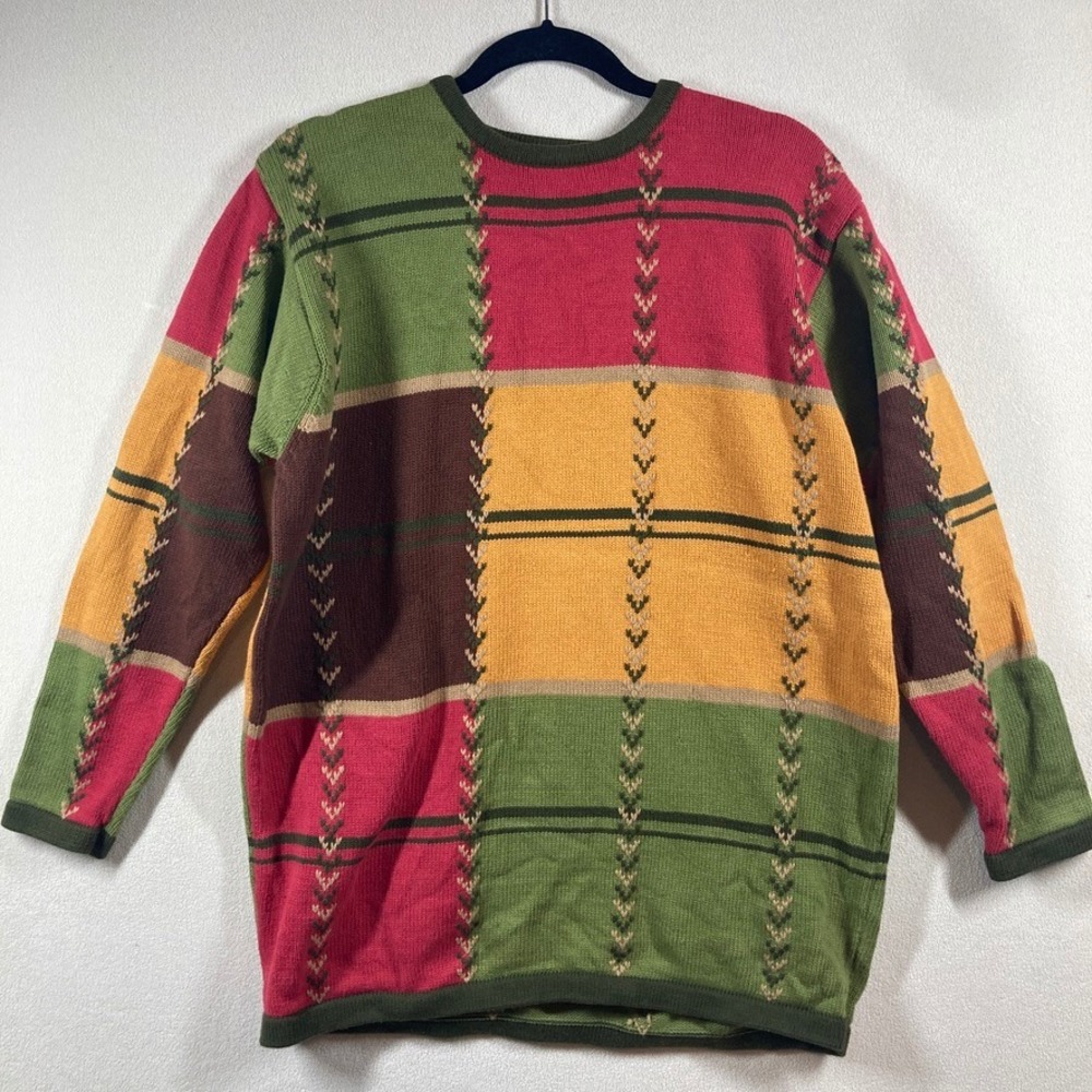 Vintage Fall Sweater M Colorful Color-block 3/4 Sleeve Novelty Eclectic Artsy